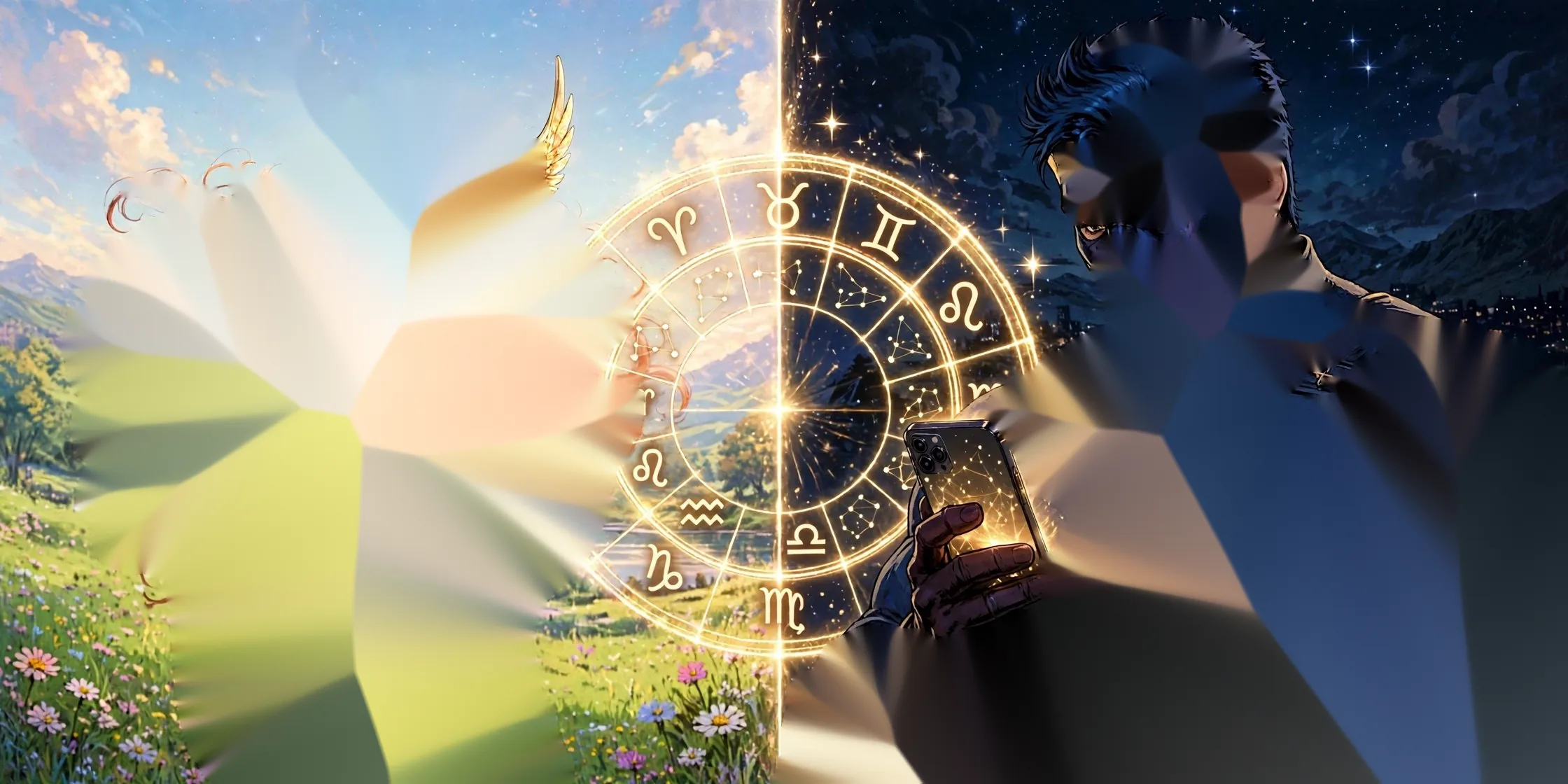 A masked Valkyrie in her bright world and a masked hero in his dark world, joined by a golden zodiac wheel